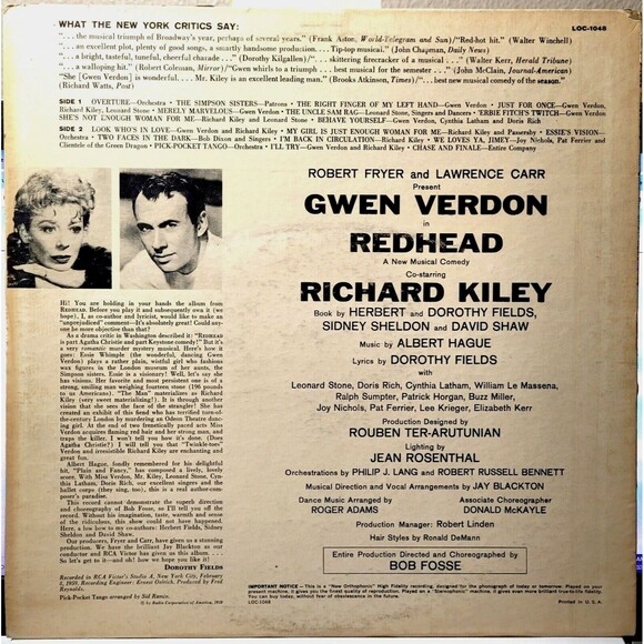 Gwen Verdon, Richard Kiley LP Redhead (Original Cast) RCA Victor VG/EX Musical - Picture 2 of 4